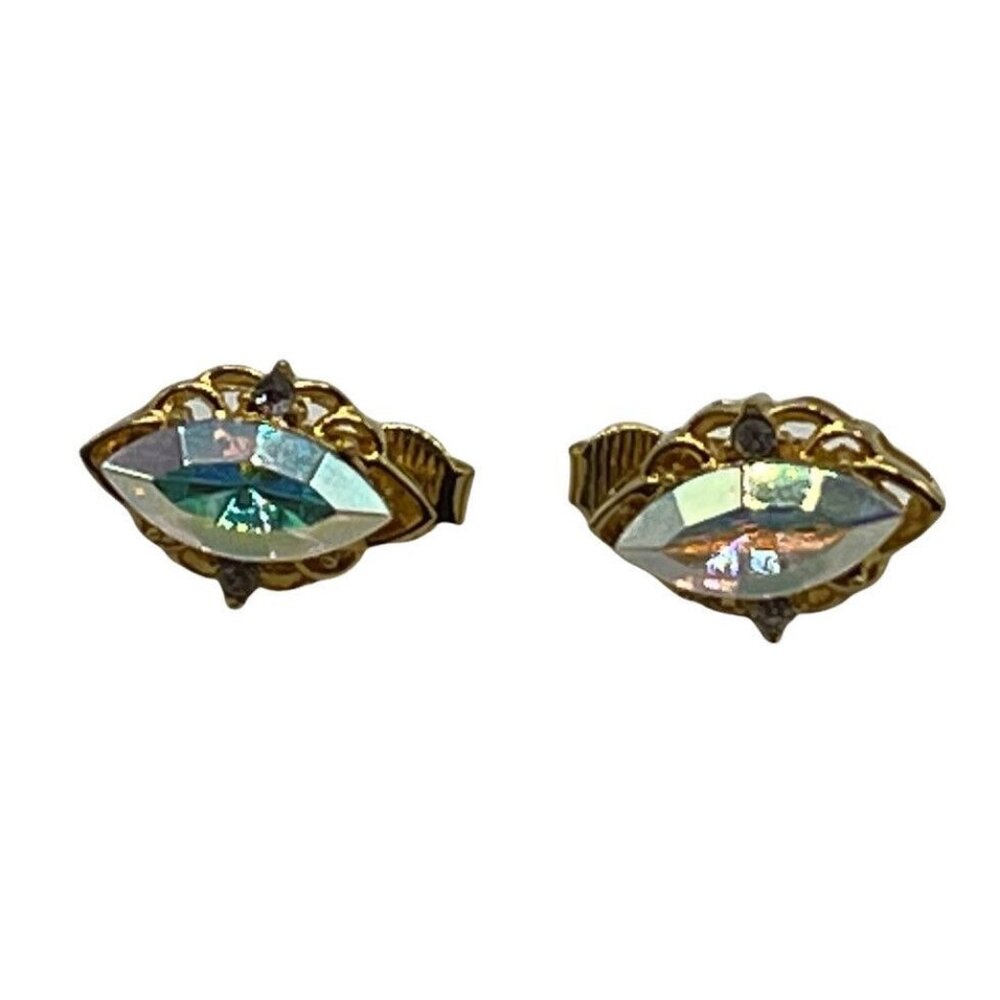 Lind Gold Tone Marquise Aurora Borealis Rhinestone Cut Clip-On Earrings 3/4”